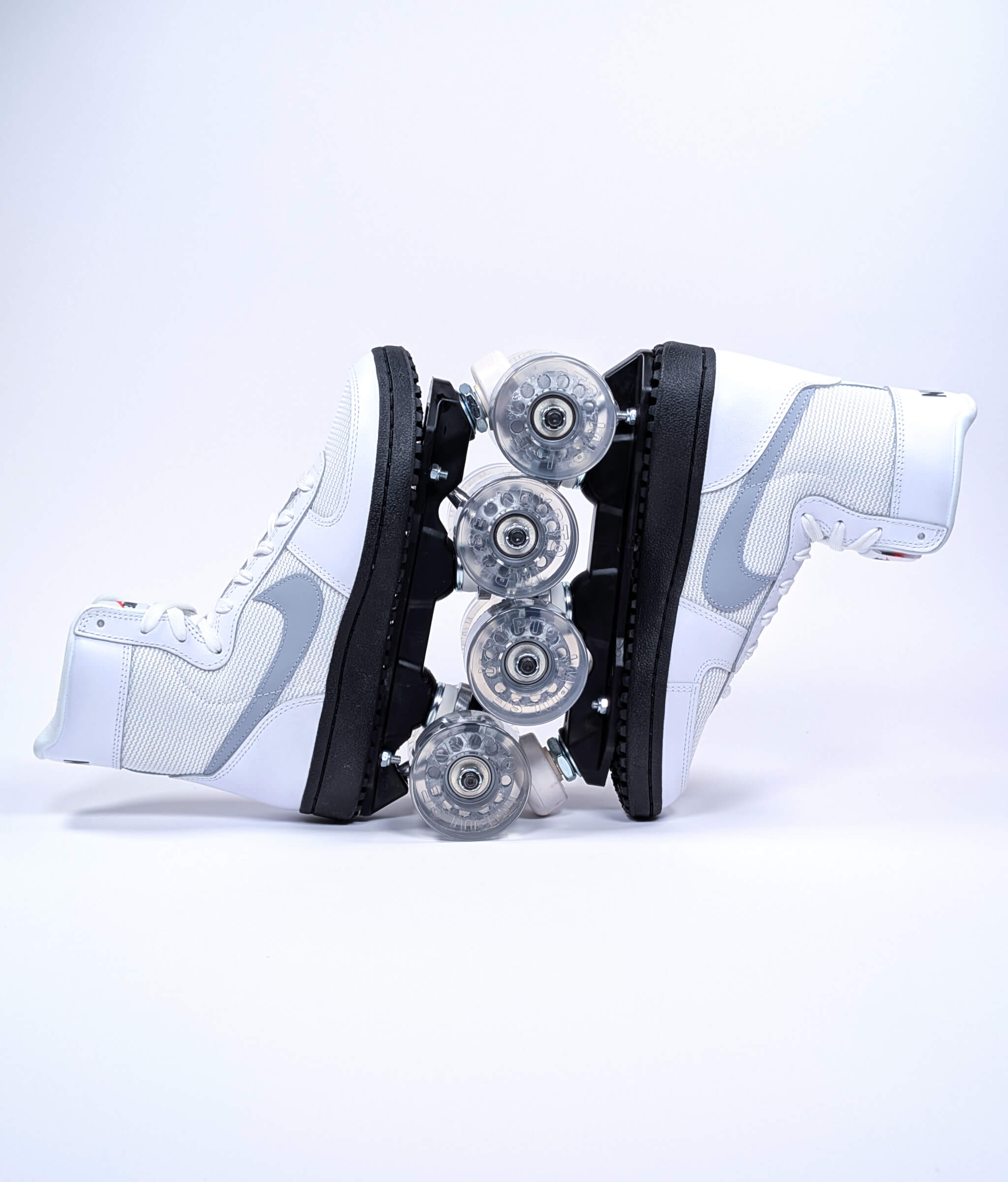 Nike Field General High x Stranger Things roller sneakers by Loumy's World in white, black and grey with interlocked transparent wheels