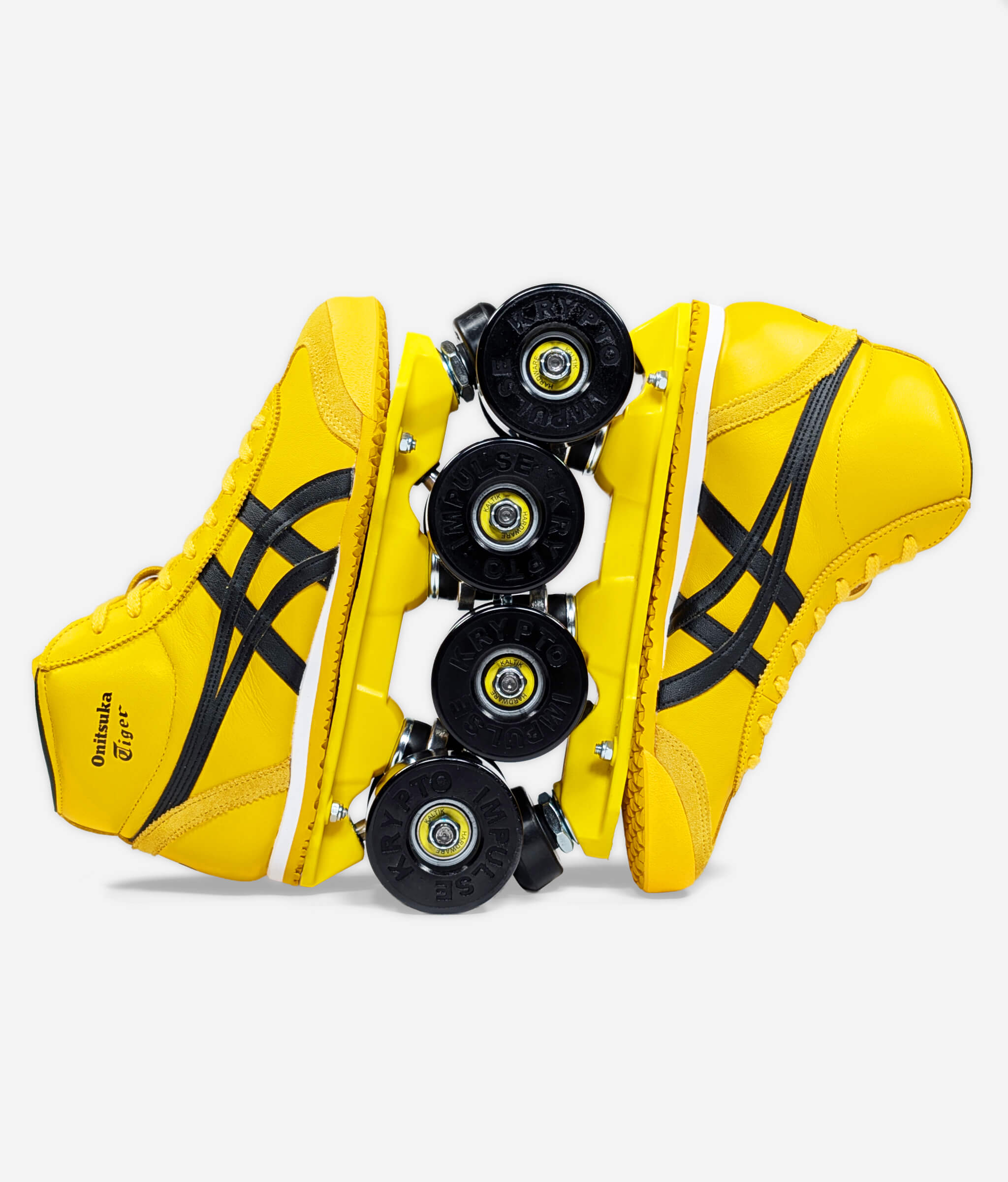 Onitsuka Tiger Mexico 66 Mid Runner roller skate sneakers by Loumy's World in yellow and black, displayed vertically with interlocked black wheels