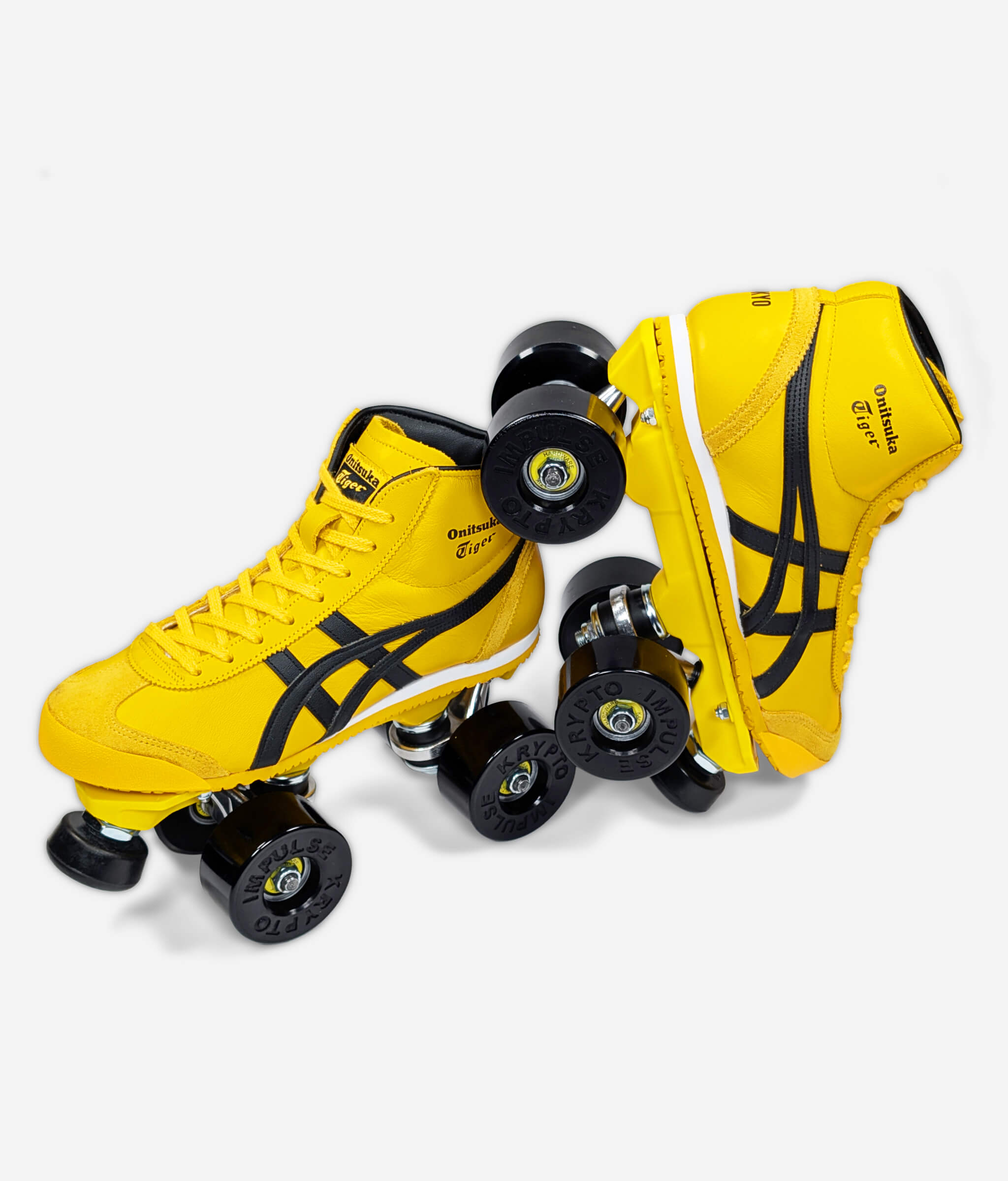 Onitsuka Tiger Mexico 66 Mid Runner roller skate sneakers by Loumy's World in yellow and black, with one tilted and balanced on the other, featuring black wheels with yellow bearings