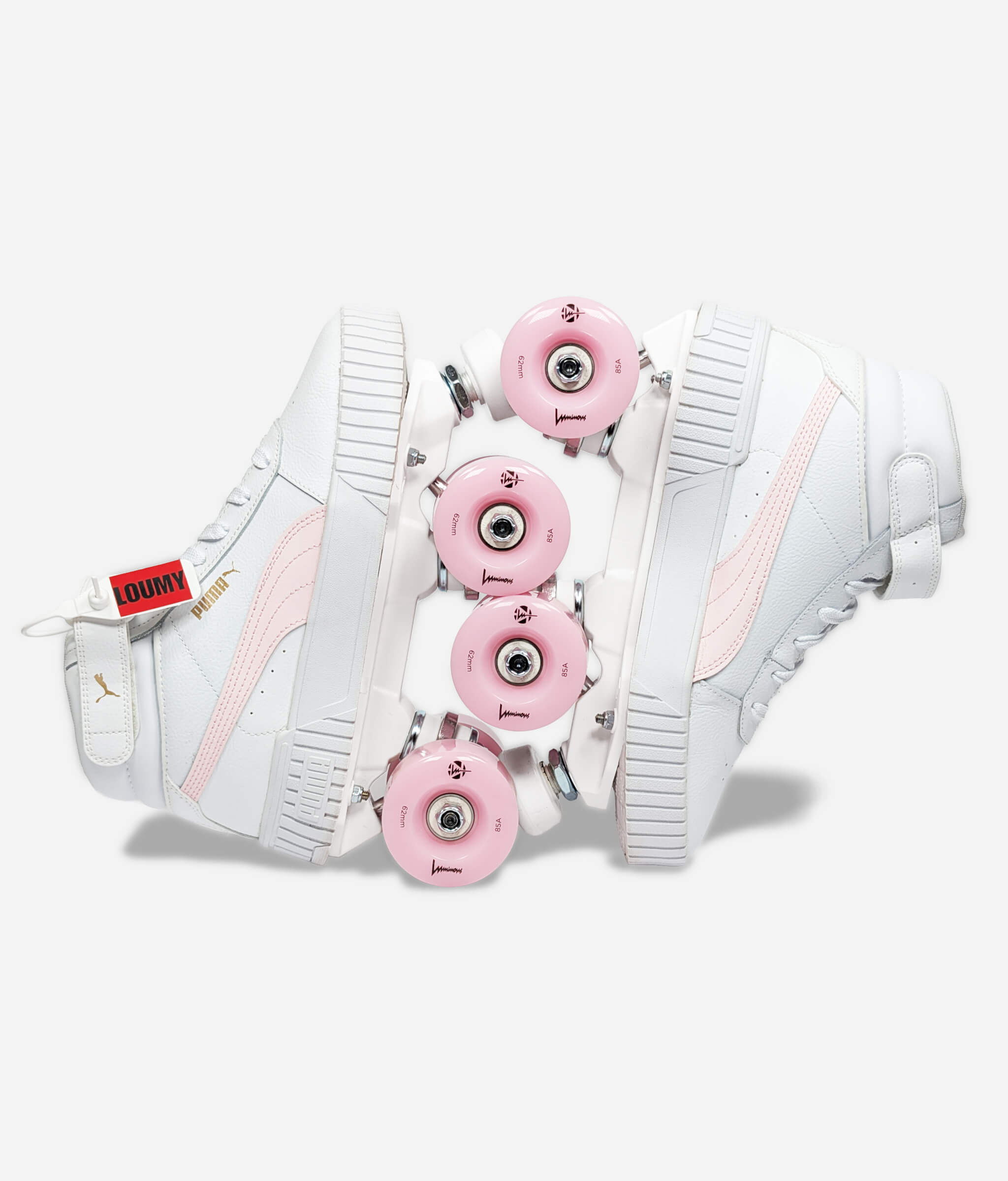 Loumy's Puma Carina roller skate sneakers displayed vertically with interlocked wheels