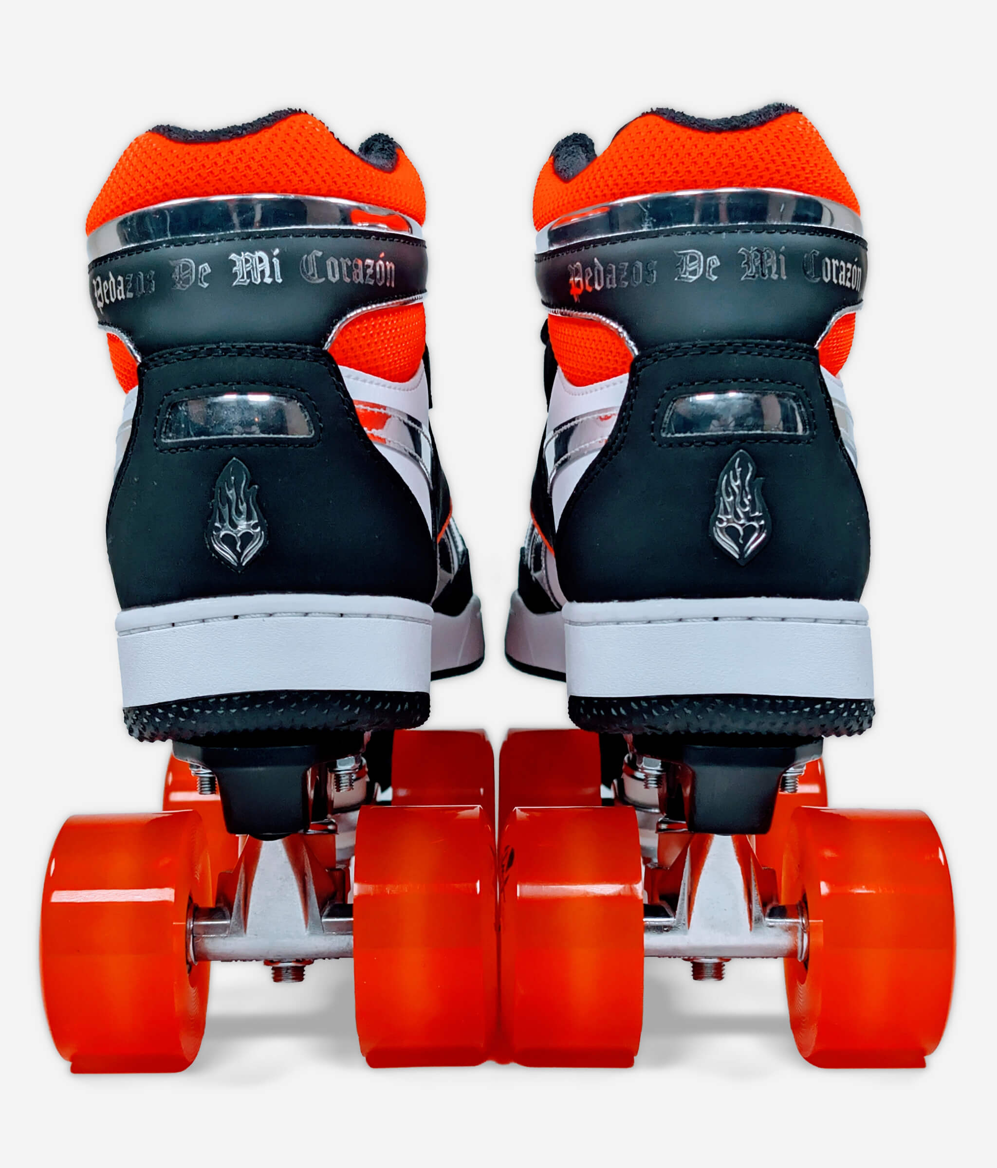 Back view of Loumy's Reebok x Anuel AA BB 4000 II Mid roller skate sneakers in orange and black with Anuel logo