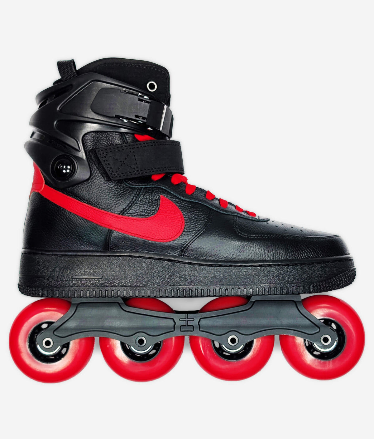 Side view of a Nike Air Force 1 High Inline roller skate sneaker by Loumy’s World, black leather, red Swoosh and wheels.