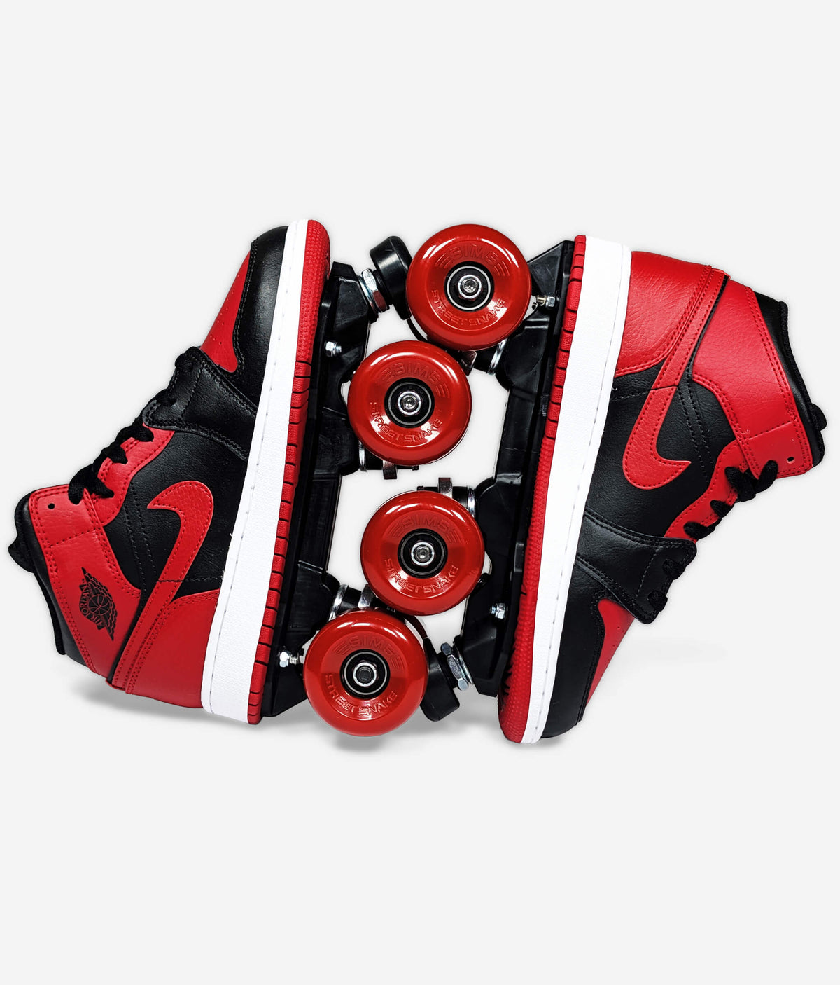 Nike Air Jordan Banned 2020 roller skate sneakers by Loumy’s World, facing opposite directions with interlocked red wheels.